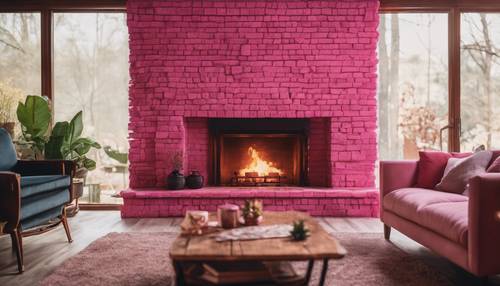مدفأة كلاسيكية من الطوب الوردي الساخن مع نار مشتعلة في غرفة معيشة مريحة.