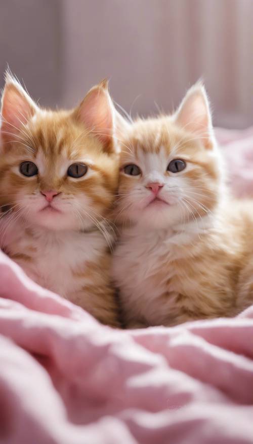 兩隻小貓，一隻是黃色的，另一隻是粉紅色的，睡在床上。