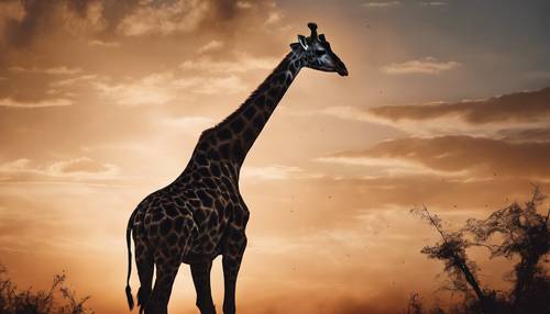 La silhouette di una giraffa sullo sfondo di un tramonto spettacolare, con una scia di polvere dietro di essa.