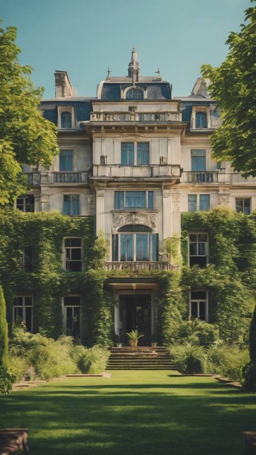 Una maestosa casa padronale circondata da un rigoglioso giardino verde sotto un cielo soleggiato.