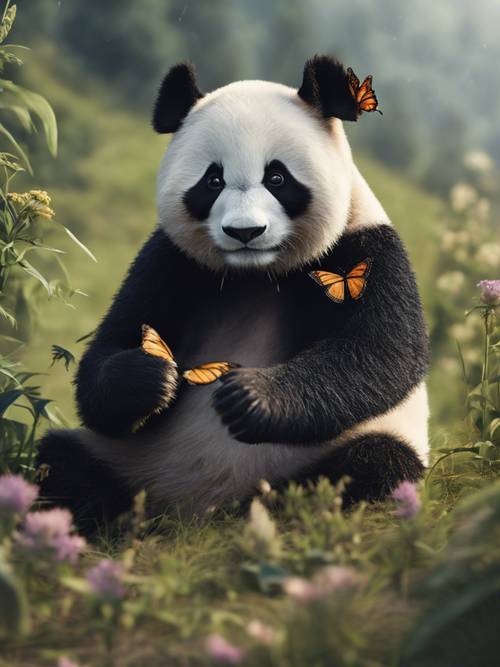 Un panda curioso su una dolce collina avvolta nella nebbia, mentre osserva una farfalla che si è posata sulla sua zampa.