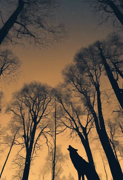 Silhuetas de árvores imponentes e lobos uivantes incorporados em um padrão de damasco em um cenário escuro de crepúsculo.