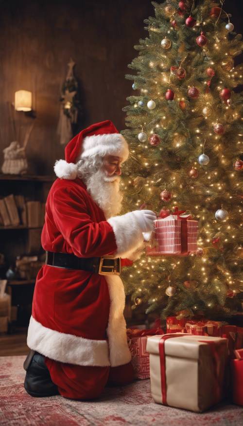 A child's delight at spying a real-life Santa Claus placing presents under a beautifully decorated vintage Christmas tree.