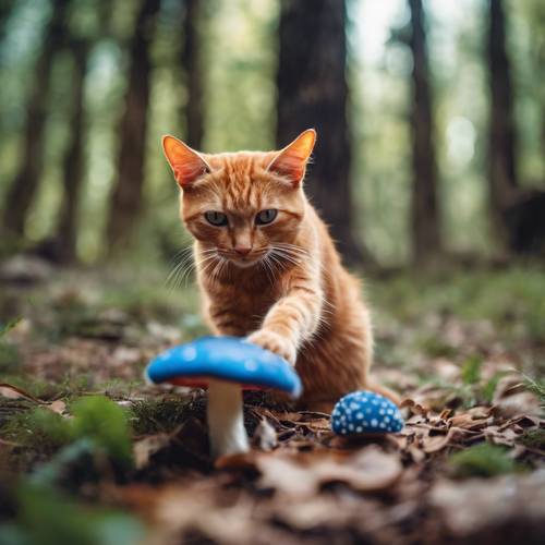 Un chat cramoisi curieux piquant de manière ludique un champignon bleu avec sa patte dans un décor forestier.