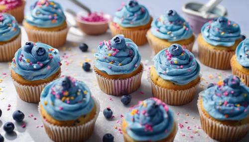 A blueberry cupcake with blue cream frosting, decorated with sprinkles, that looks too cute to eat.