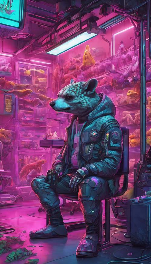 An exotic pet shop in a cyberpunk setting, filled with robotic animals.