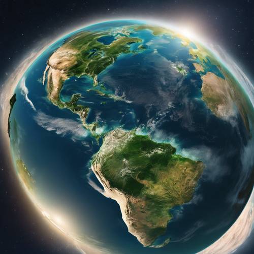 Inspirujący obraz Ziemi w bezmiarze kosmosu z błękitnymi morzami i zielonymi kontynentami.