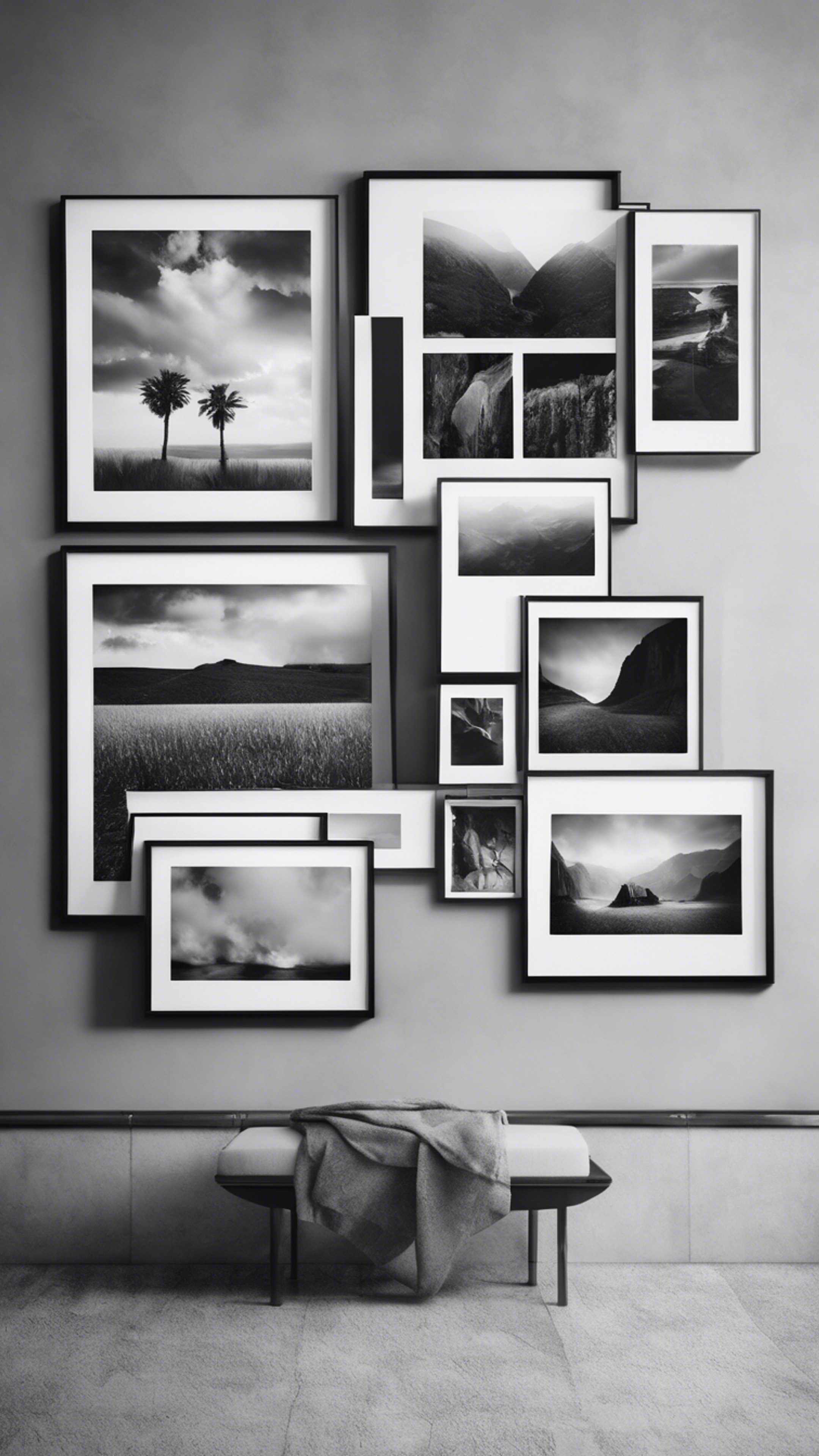 A gallery wall with monochromatic prints in black, white and gray, displaying sleek, modern minimalism Wallpaper[24b91d11fb2b42ae8637]