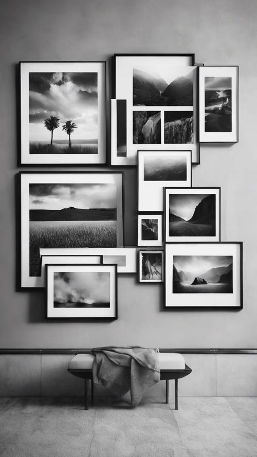 Şık, modern minimalizm sergileyen, siyah, beyaz ve gri renkte tek renkli baskılara sahip bir galeri duvarı