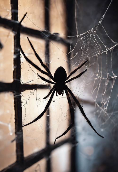 Une araignée tissant une toile complexe dans le coin d’une vieille fenêtre poussiéreuse, éclairée par le clair de lune la nuit d’Halloween.