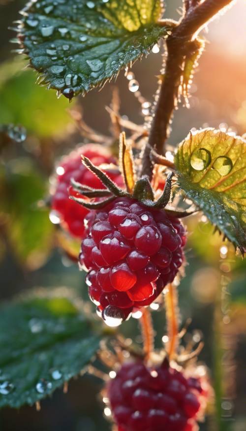A raspberry bush at sunrise covered with dew drops.
