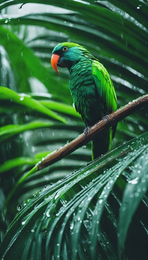 Un uccello tropicale verde neon appollaiato su una foglia di palma verde intenso sotto la pioggia battente.