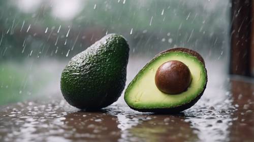 Yağmurlu bir günde sessiz bir yansımada sevimli bir avokado