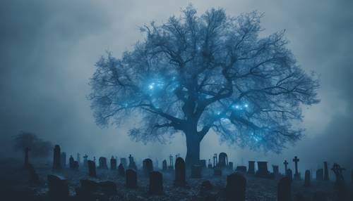 Un árbol azul espectral que se materializa en un cementerio misterioso y brumoso bajo un cielo nocturno tormentoso.