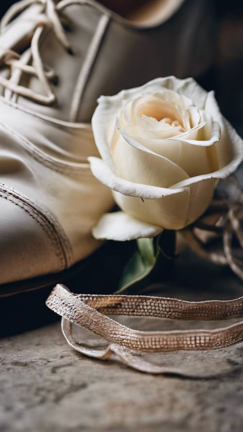 A white rose tangled in the laces of a well-worn ballet shoe.