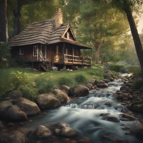 A gently flowing stream next to a cozy cottage surrounded by tall, ancient trees. Tapeet [17fc1e9cb1c14601ad77]