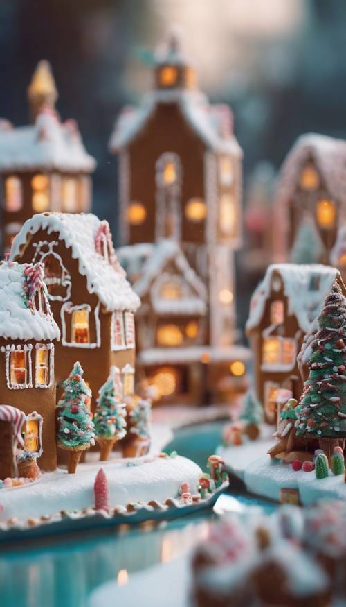 A whimsical gingerbread town, complete with little candy houses, sugary trees, and an icing river.