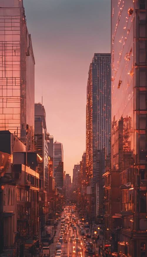 Szeroki widok na panoramę miasta o zachodzie słońca, wygrzewającą się w różowo-złotym świetle.