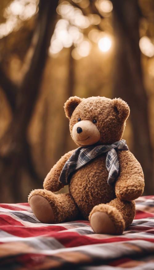 커다란 갈색 곰 인형이 키 큰 참나무 아래 격자 무늬 담요 위에 앉아 있습니다.