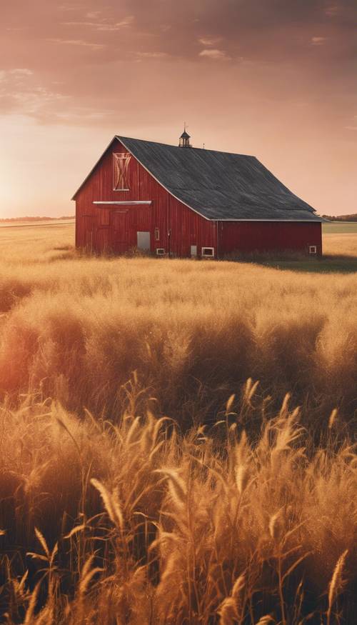 A vintage art piece of an old red barn in a golden field at sunset. Tapéta [94dba9e291a84ba3b26b]