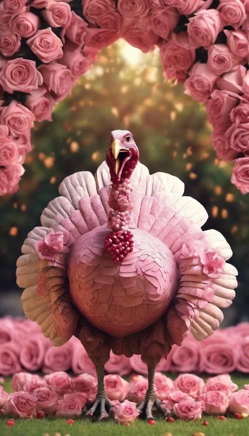 Ein Thanksgiving-Truthahn, der komplett aus rosa Rosen besteht.