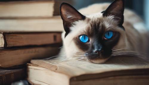 Un gatto siamese dagli occhi azzurri brillanti, che sbircia curioso da dietro una pila di libri d&#39;epoca.