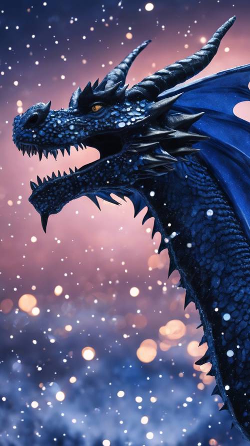 A strikingly cool deep blue dragon breathing black ice against a twilight sky dotted with shimmering stars.