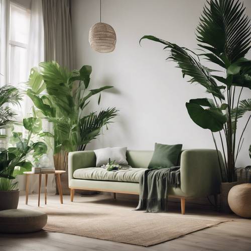 Ein Innenraum, der in skandinavischer Schlichtheit dekoriert ist und grüne Palmblätter für einen Hauch von Natur enthält.