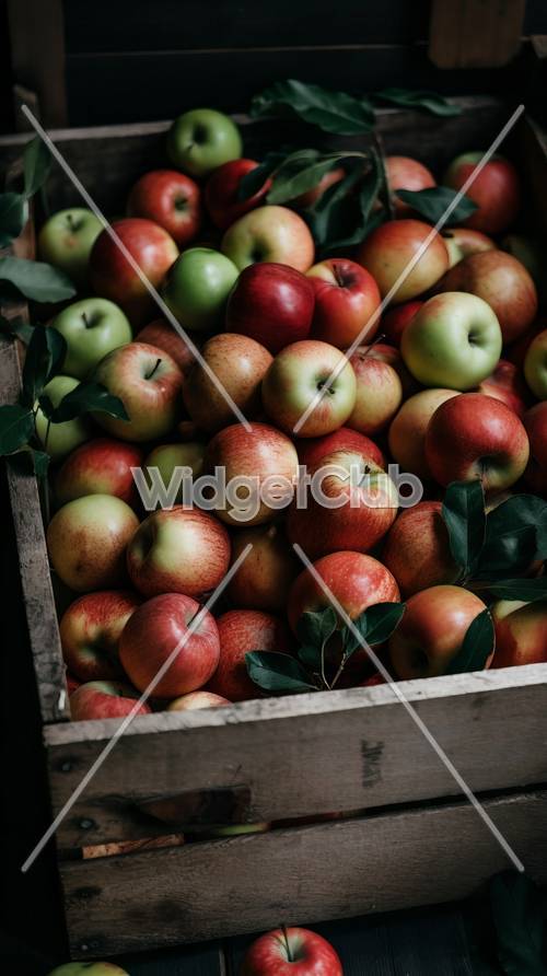 나무 상자에 담긴 다채로운 사과