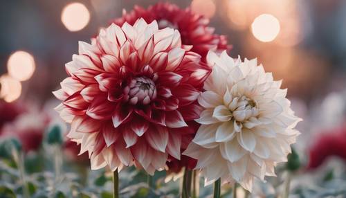 Hình ảnh hoa thược dược màu đỏ và trắng, với sự đối xứng hoàn hảo và ánh hoàng hôn dịu nhẹ phản chiếu lên chúng.