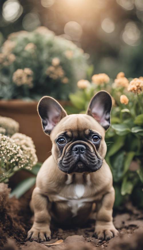Пастельно-коричневый щенок французского бульдога очаровательно сидит в саду