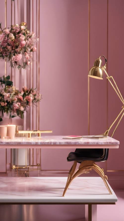 一張訂製的寫字台，桌面由粉紅色大理石製成，在室內光線下閃閃發光。
