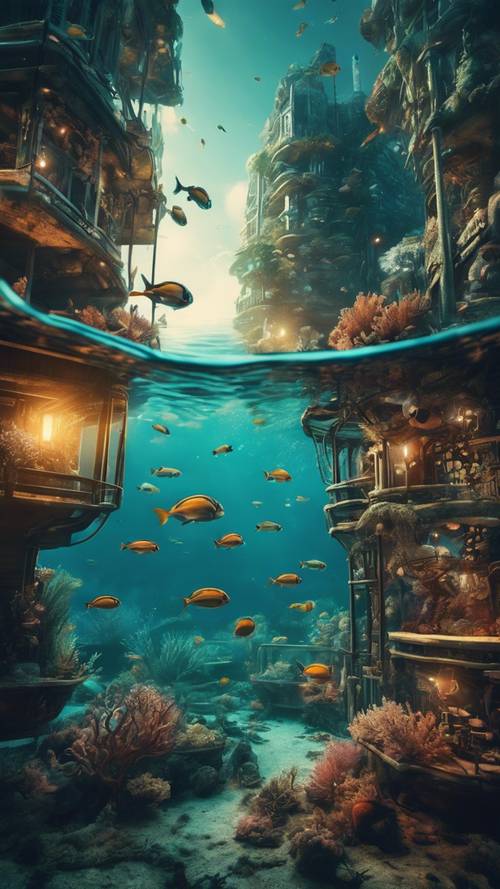 עיר מתחת למים חלומית הזוהרת באור ביולוגי.