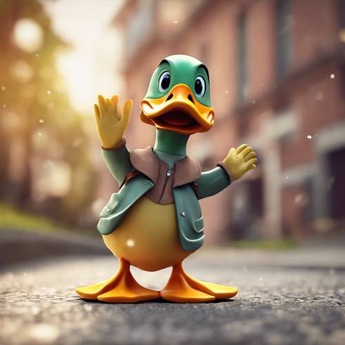 A lively cartoon of a friendly duck waving hello.
