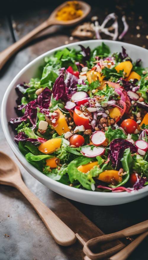 Un&#39;insalata vegana colorata servita in una ciotola di ceramica bianca con accanto un paio di posate da insalata in legno