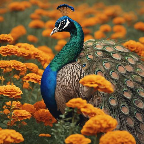 一只孔雀在盛开的万寿菊田中梳理羽毛，鲜艳的橙色在它的尾巴上回荡。