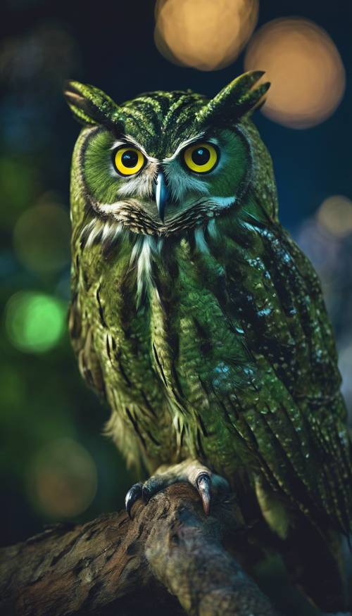 A mysterious deep green owl, stealthily perched in the dead of night.