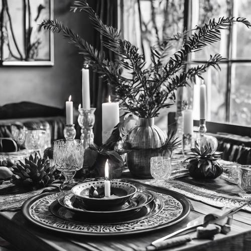 Stół do jadalni w stylu boho w czerni i bieli, z dekorowanymi roślinami i świecami.
