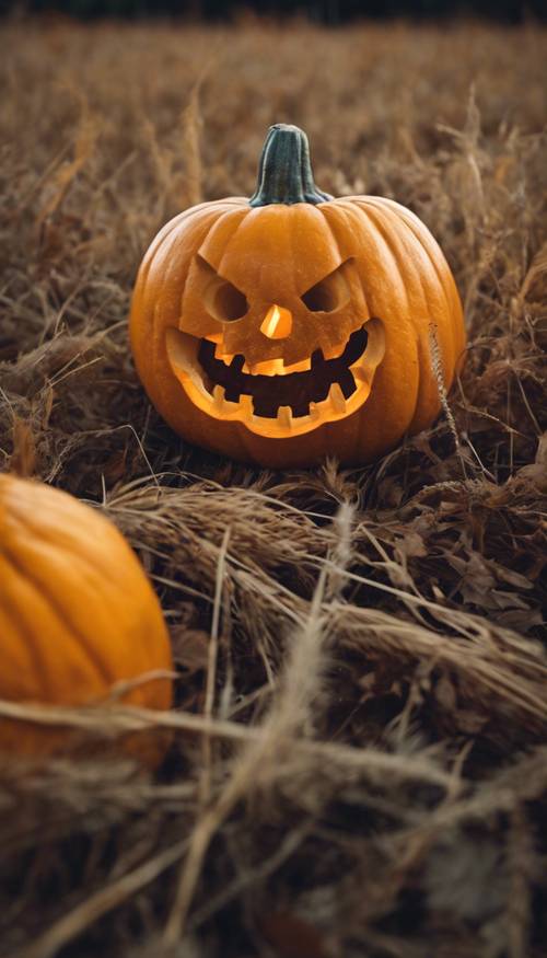 Một quả bí ngô nhẹ được chạm khắc với khuôn mặt đáng yêu nhưng đáng sợ đang tỏa sáng dịu dàng trên cánh đồng mùa thu tối tăm.