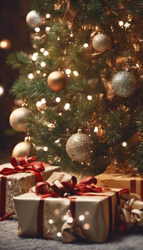 Splendidly wrapped vintage Christmas gifts neatly arranged under a traditional tinsel draped Christmas tree.