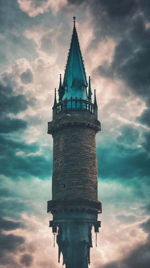 Menara kastil Gotik yang menjulang ke awan, diterangi cahaya biru kehijauan yang misterius dari dalam.