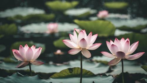 Citações estéticas formadas por flores e folhas de lótus em um lago tranquilo.