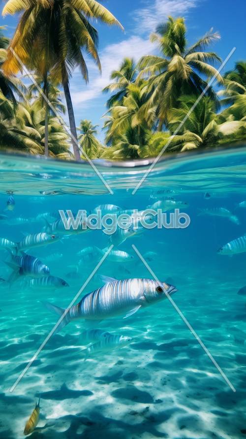 Tropical Fish and Palm Trees Underwater View