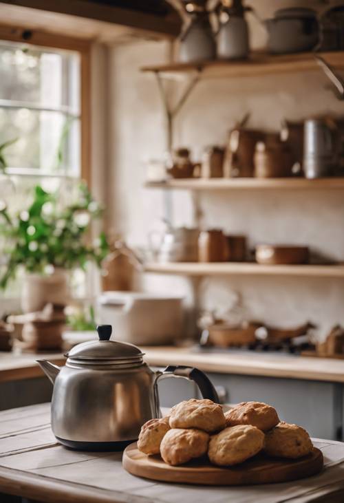Una cucina calda e invitante in stile cottage con focaccine appena sfornate sul bancone e una tazza di tè preparato.