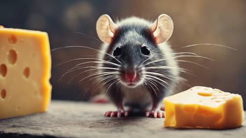 一幅復古風格的畫，畫中一隻像老鼠一樣的老鼠，調皮地看著一大塊切達乾酪。