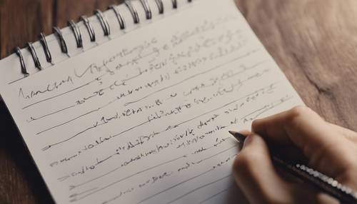 Sebuah tangan memegang pensil menulis pesan di selembar kertas buku catatan.