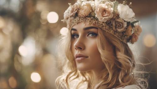 A beige floral headband adorning the head of a boho-style mannequin. Tapet [0376f6beb2224466896a]