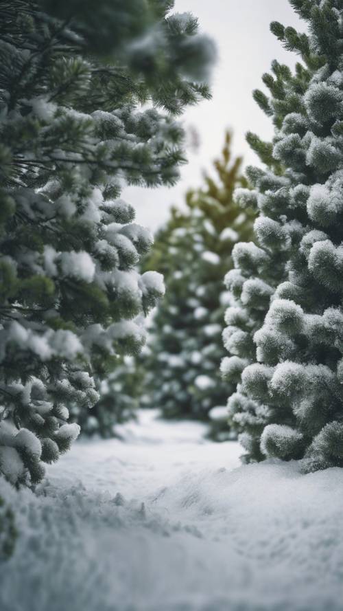 Green pine trees covered in a light dusting of white snow