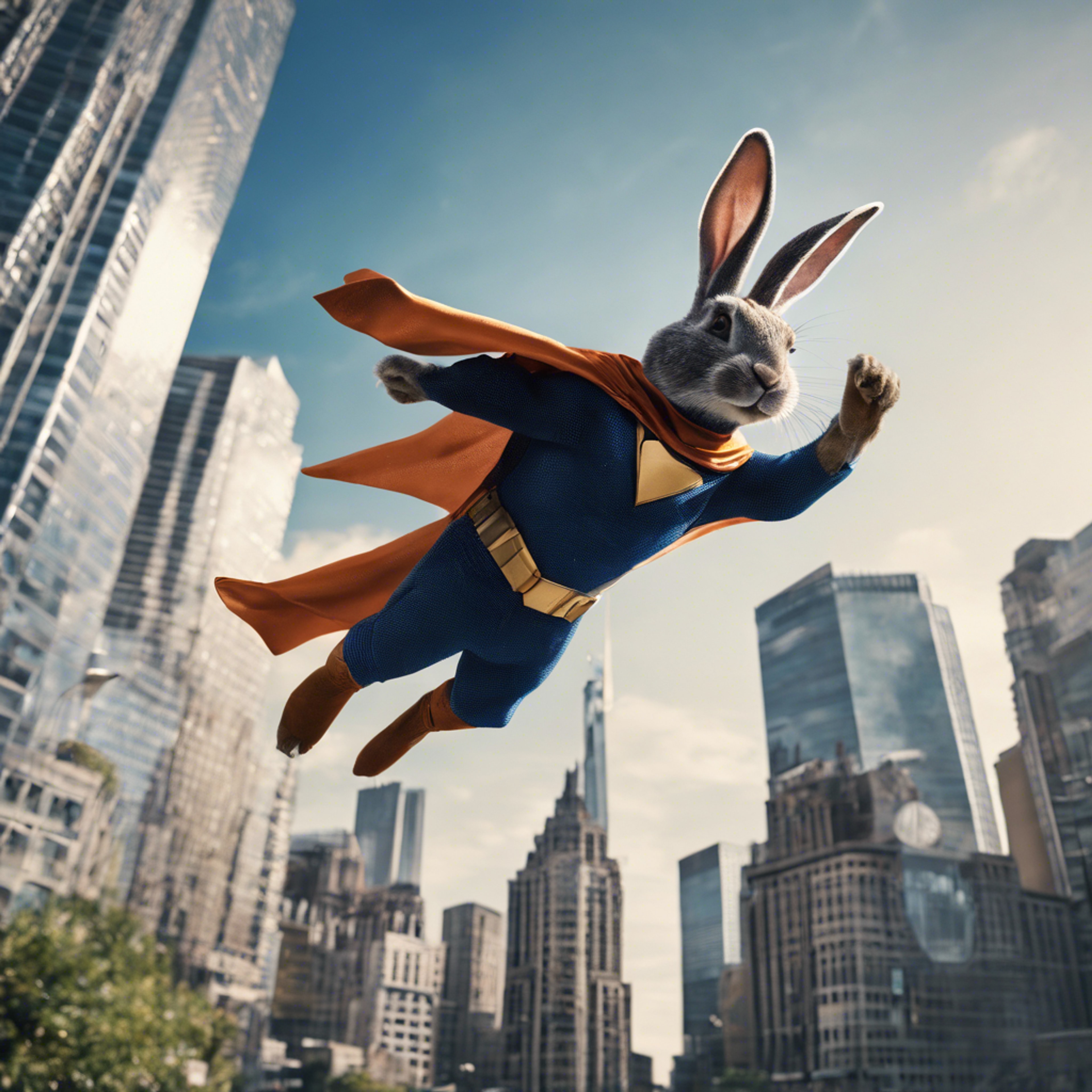 A rabbit superhero soaring above skyscrapers in a bustling city. Tapeta[841b91138e24419cbc55]