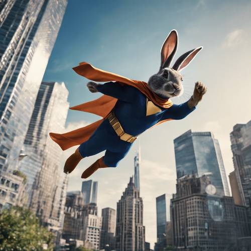 A rabbit superhero soaring above skyscrapers in a bustling city.